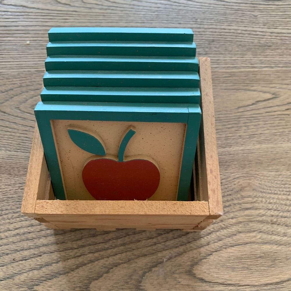 Rustic Wood Apple Coasters Set of 6 with Wooden Crate Holder Teal Red Farmhouse